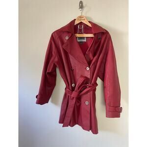 Vintage Double Breasted Red Leather Fashion Elements    Coat Optional Belt 2X